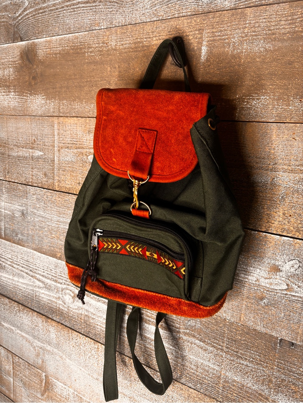90s vintage Green and Rust Canvas Backpack purse with suede